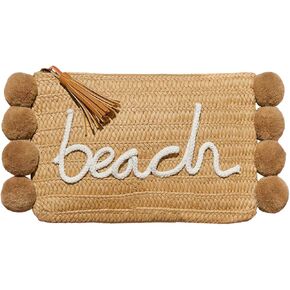 GORGLITTER Women's Straw Bag Pom Pom Tassel Summer Beach Straw Purse Letter Graphic Wristlet Wallets