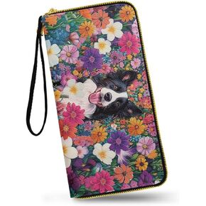 Painting Bird Floral Wallet for Women American Robin Printed Large Capacity Credit Card Holder, Watercolor Flowers Ladies Wristlet Clutch Leather Wallet