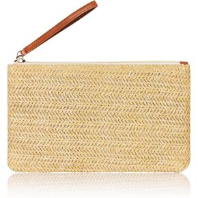 Straw Clutch Purse for Women Woven Summer Beach Straw Purse Straw Envelope Clutch Wallet Wristlet Wallets Beach Purse (Beige-Yellow)