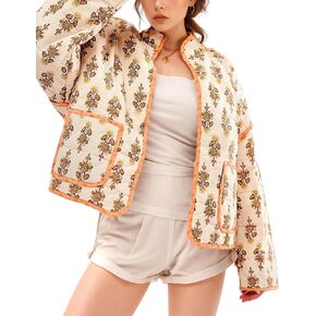 Women's Quilted Puffer Jacket Lightweight Floral Print Padded Coat Cropped Open Front Puffy Cardigan Outwear(Apricot-S)