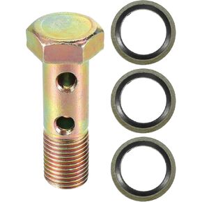 Double Banjo Bolt Kit, M12x1.25 Length 45mm Metric Thread Turbo Brake Line Fitting Adapter Universal for Car Durable Metal Bronze Tone W/Washers