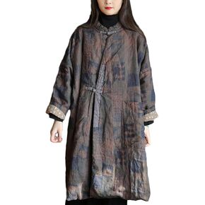 NFYM Women Quilted Jacket Kimono Vintage Linen Printed Long Loose Outwear Coats with Pockets