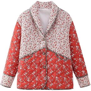 Omoone Women's Cropped Floral Quilted Jacket Cardigan Printed Lightweight Open Front Padded Winter Puffer Coat(Red-S)