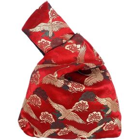 Vintage Japanese Yukata Kimono Crane Handbag Wristlet Bag - Small Coin Tote Handle Bag Knot Pouch for Women