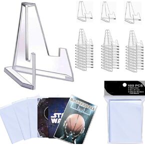 30 Packs Card Display Stand with 100pcs Premium Card Sleeves, 2.2 inch Acrylic Easel Mini Card Stand and 2.5" x 3.5" Trading Card Sleeve (Premium and Standard Sized Card Sleeves)