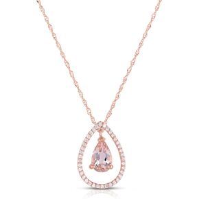 14K Rose Gold Morganite Pendant. 8x5mm Pear shape Genuine Morganite with 1/6Ct Diamonds Drop Gorgeous Pendant Necklace 18" chain