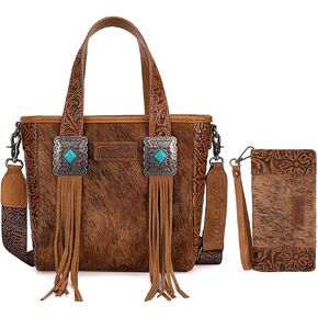 Wrangler Cowhide Tote Bag for Women with Wristlet Wallet Set