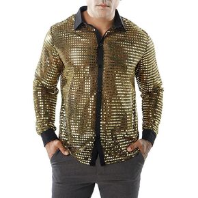 Men's 70s Sparkly Disco Top Shiny Sequin Long Sleeve Retro Button Front Party Shirt Tops