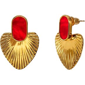 Black/White/Red/Green/Pink/Beige gold earrings for women-24K Gold Plated Heart Statement Earrings | Fashion Vintage Chunky Gold Drop Earrings | Trendy Prom Wedding Beach Dangle Earrings.