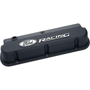 Ford Valve Cover, Slant-Edge, Tall, Baffled, Breather Hole, Raised Ford Racing Logo, Aluminum, Black Crinkle Powder Coat