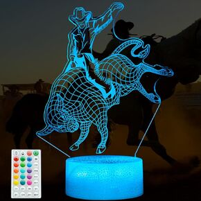 Bull Rider Night Light ، هدايا Rodeo لـ Boy ، Matador 3D Night Light مع التحكم عن بعد ، 16 لونًا تغييرًا ، وضع وميض RGB وهدايا قابلة للبنين لأولاد عيد الميلاد