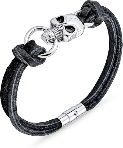 Skull Heads Genuine Black Leather Studded Rivet Stainless Steel Cuff Bracelet for Men Goth Bikers Belt Buckle in Saudi Arabia