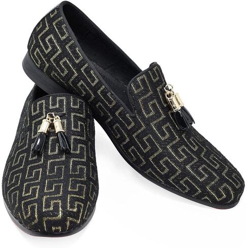 Barabas Men's Rhinestone Greek Key Pattern Tassel Loafer Shoes SH3087 in Kuwait