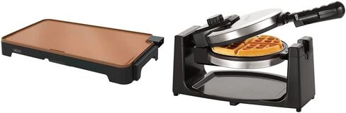 صينية بيلا XL من السيراميك الكهربائي من التيتانيوم، 30.48 سم × 55.88 سم، نحاس/أسود وكلاسيكي دوار غير لاصق، صانعة الوافل البلجيكية المثالية بسمك 1 بوصة، تحكم في التحمير، أسود in Kuwait