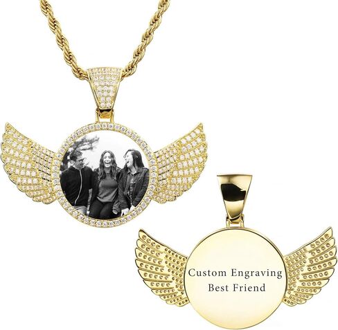 VIBOOS Personalized Hip Hop Memory Pendant Necklace Engraving Picture Text for Men Women Custom Photo Copper Angel Wing Round Medal Rope Chain Jewelry Souvenir Gift(SILVER 22) in Saudi Arabia