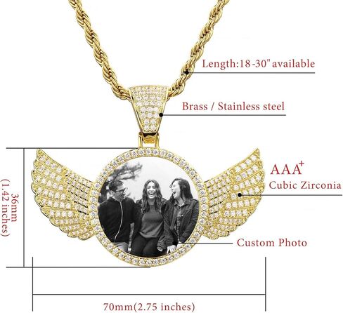 VIBOOS Personalized Hip Hop Memory Pendant Necklace Engraving Picture Text for Men Women Custom Photo Copper Angel Wing Round Medal Rope Chain Jewelry Souvenir Gift(SILVER 22) in Saudi Arabia