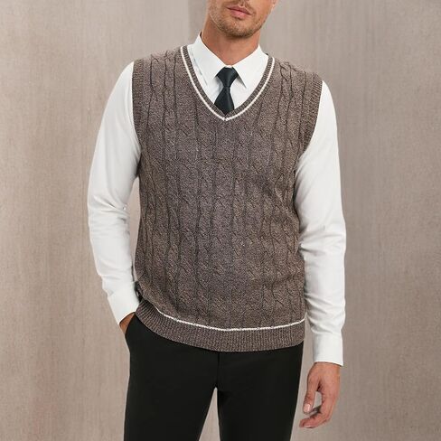 TURETRENDY Men's V Neck Sweater Vest Casual Cable Knit Slim Fit Sleeveless Pullover Sweater with Ribbing Edge in Saudi Arabia