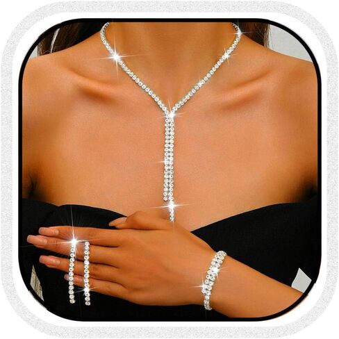 Unicra Silver Bridal Wedding Jewelry Sets Rhinestone Necklace Earrings Bracelet Set Prom Formal Costume Jewelry Sets for Women and Brides in Saudi Arabia