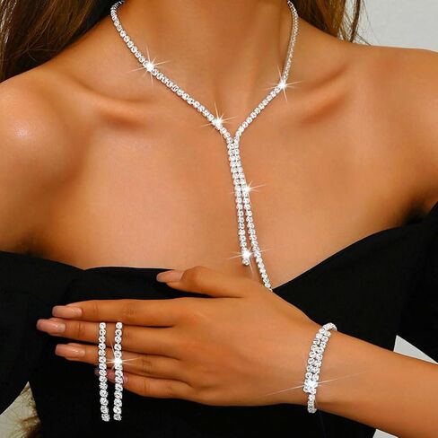 Unicra Silver Bridal Wedding Jewelry Sets Rhinestone Necklace Earrings Bracelet Set Prom Formal Costume Jewelry Sets for Women and Brides in Saudi Arabia