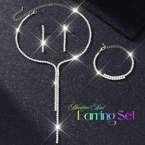Unicra Silver Bridal Wedding Jewelry Sets Rhinestone Necklace Earrings Bracelet Set Prom Formal Costume Jewelry Sets for Women and Brides in Saudi Arabia