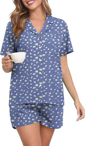 YUNDAI Womens Pajamas Set Shorts Summer Short Sleeve Button Down Top Nightwear and 2 Piece Lounge Sets Pjs Sleepwear S-XXL in Kuwait