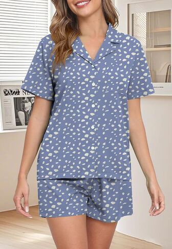 YUNDAI Womens Pajamas Set Shorts Summer Short Sleeve Button Down Top Nightwear and 2 Piece Lounge Sets Pjs Sleepwear S-XXL in Kuwait