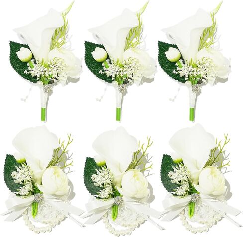 YIFU Wedding Wrist Corsage Wristlet Band Bracelet for Women Bride & Bridesmaid, Groom & Groomsman (White 3 Corsage, 3 Wrist Flower) in Saudi Arabia