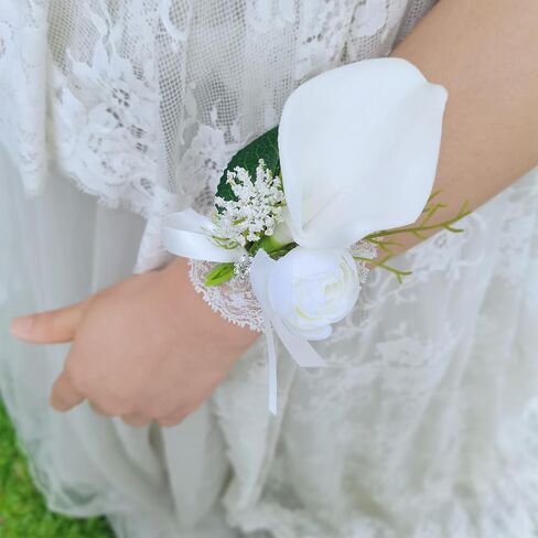 YIFU Wedding Wrist Corsage Wristlet Band Bracelet for Women Bride & Bridesmaid, Groom & Groomsman (White 3 Corsage, 3 Wrist Flower) in Saudi Arabia
