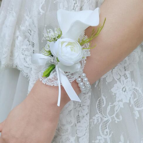 YIFU Wedding Wrist Corsage Wristlet Band Bracelet for Women Bride & Bridesmaid, Groom & Groomsman (White 3 Corsage, 3 Wrist Flower) in Saudi Arabia
