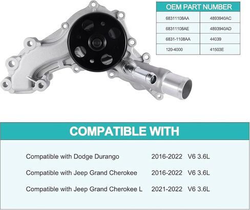 68311108AA مضخة المياه (FIT V6 3.6L فقط) ل Dodge Durango 2016-2022 ، Jeep Grand Cherokee 2016-2022 ، Grand Cherokee L 2021-2022،68311108ae 44039 41503e 6831-1108AA 68331-1108AE in Saudi Arabia