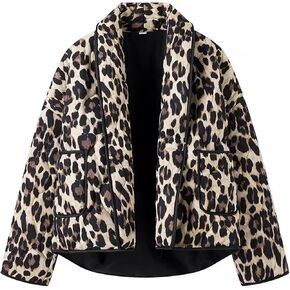 Womens Quilted Jacket Leopard Print Cropped Puffer Jacket Vintage Open Front Short Jacket Coat
