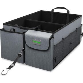 Car Trunk Organizer - Collapsible, Multi-Compartment Automotive SUV Car Organizer for Storage w/Adjustable Straps - Truck & Car Accessories for Women and Men - Grey