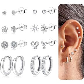 Kakonia 8 Pairs 925 Sterling Silver Hypoallergenic Earrings Set for Multiple Piercing Dainty 14K Gold Plated Stud Huggie Small Hoop Earrings for Women Trendy Cute Earring Stacks for Sensitive Ears