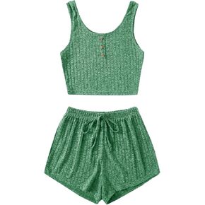 SOLY HUX Women's Button Front Ribbed Knit Tank Top and Shorts Pajama Set Sleepwear Lounge Sets