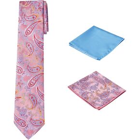 Men's Woven Paisley Regular Length Neck Tie with 2 Handkerchief Pocket Squares Hanky Set - Pink Light Blue