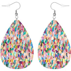 Zokola Colored Spots Cute Dangle Earrings, Watercolor Confetti Dots Paint Lightweight Leather Earrings Teardrop Leaf Earrings Jewelry Women Teen Friends
