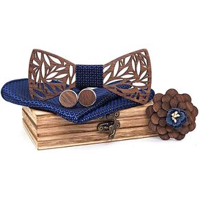 ikasus Wooden Mens Bow Tie Gift Set - Handmade Natural Wood Bowtie with Square Scarf, Corsage and Cufflinks Wood Box Set Type 2
