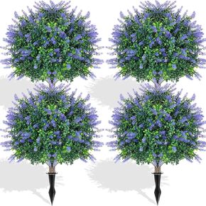 Hotop 24" Resistant Artificial Boxwood Lavender Topiary Balls with Ground Spike-Fake Evergreen Tree for Porch, Artificial Shrub Bushes for Garden Outdoor Yard Planters Indoor UV Resistant