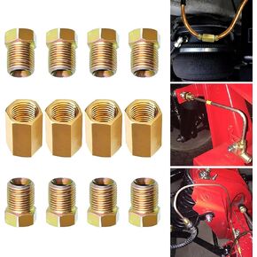 12 PCS Car 3/16" Brake Pipe Fitting Set, 3/8" 24 Threaded Brake Fitting Replacement, Brass Rust-proof and Durable Inverted Flare Brake Line Unions with Nut, Universal for Cars (Gold)