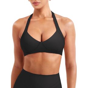YEOREO Women Halter Sports Bra Light Support V Neck Padded Strappy Open Back Workout Gym Tops