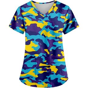 AMOMA Women's Camouflage Print Scrub Shirts V-Neck Short Sleeve Camo Nursing Tops with Pockets