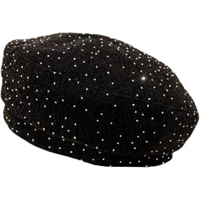 Women Shiny Rhinestone French Black Beret Hat Bling Bling Artist Causal Beanie Cap in Saudi Arabia