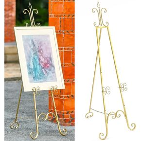 20"L x 26.75"W x 56.5"H Large Easel Stand for Display, Adjustable Heigh Metal Gold Easel Stand with Chain Support, Heavy Duty Easel for Mirror, Sign, Wedding, Picture Frame. (No Installation Required)