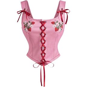 MakeMeChic Women's Strawberry Print Lace Up Corset Tops Bow Knot Shapewear Crop Top