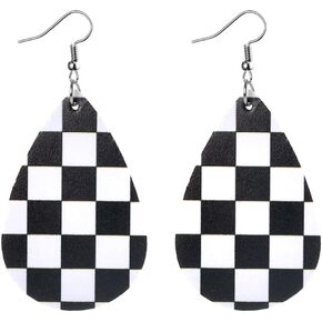 BOFILL Checkerboard Earrings for Women Checkered Chess Board Flag Leather Teardrop Cute Accessories Dangle Lightweight Funny Gifts