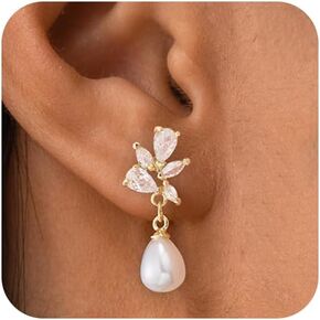 Hanli 14k Gold Plated Prom Prom Pearl Elegant arics for Brides - Gold CZ Dangle Drop Conte Bridal arring for Women Dainty Danling Stud arrings Jewelry Trendy