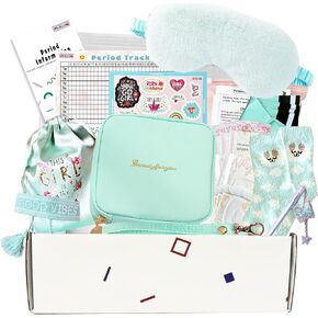 First Period kit for Girls | 22 PC Period Packs for Young Girls First Time | First Period Gift for Teen Girls with Sanitary Pad Storage Bag, Wipes, Bracelet, Eye Mask, Socks and More(Mint)