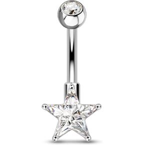 COCHARM 14g Cute Star Belly Button Ring Stainless Steel Clear CZ Belly Button Piercing Hypoallergenic Silver Navel Piercing Jewelry for Women