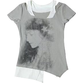 Emo Grunge Shirts Women 2000s Graphic Baby Tees Fake Two Piece Short Sleeve Vintage Y2k Crop Top Goth Alt Clothes