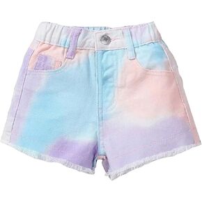GORGLITTER Girl's Colorful Tie Dye Jean Shorts Denim Shorts High Waist Button Front Wide Leg Raw Hem Denim Shorts